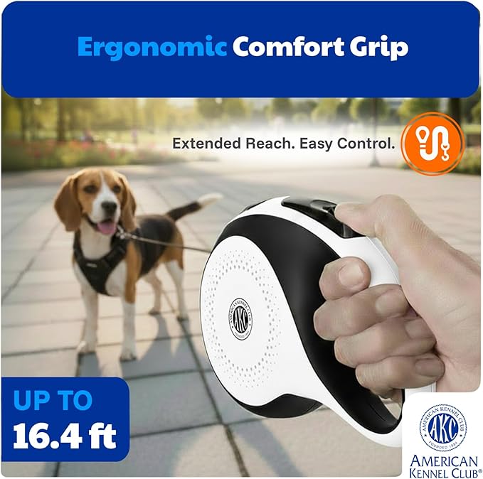 American Kennel Club Retractable Dog Leash, 16.4ft, Tangle-Free, Ergonomic Grip, One-Hand Brake, for Medium & Large Dogs up to 110 lbs