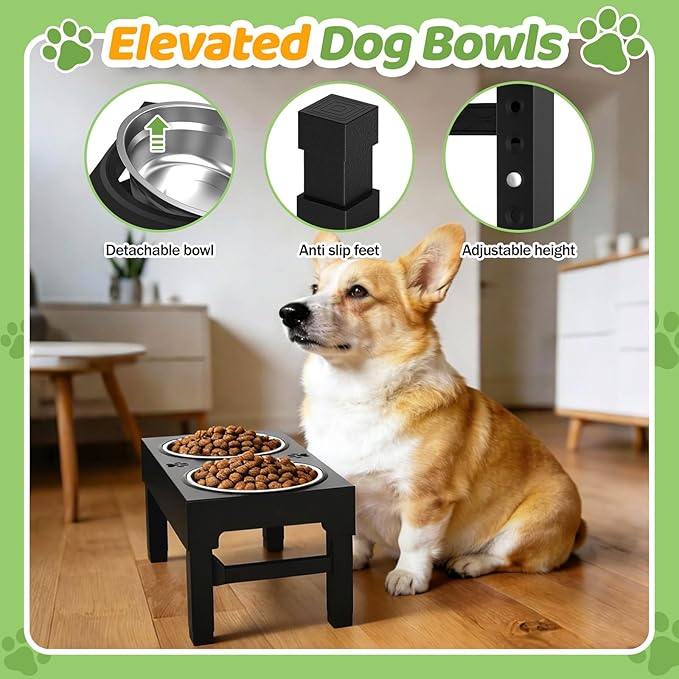 Elevated Dog Bowls, 4 Height Adjustable Raised Bowl Stand with 2 Stainless Steel 7" Food Feeder Bowls for Small Medium and Large Dogs （Plastic）