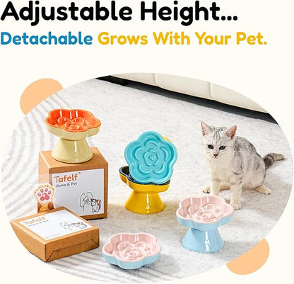 Detachable Slow Feeder Cat Bowl, Unbreakable Elevated Cat Bowls - Heavy Weighted, Non-Slip Raised Slow Feeder, Tilted Small Dogs Slow Feeders Bowl, Dry & Wet Food, Whisker Friendly (Blue, 5.8"