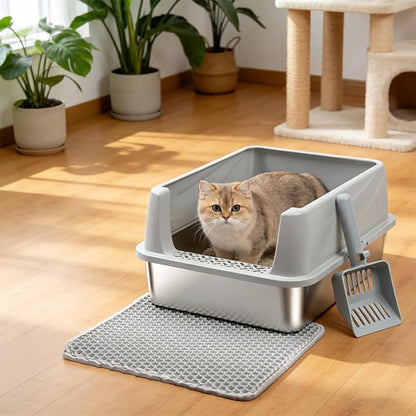 Stainless Steel Litter Box with Lid, Metal Litter Box High Sides, Low Entry Litter Boxes with Scoop and Mat,Non-Stick,Anti-Leakage,Easy to Clean Litterbox for Small to Medium Cats