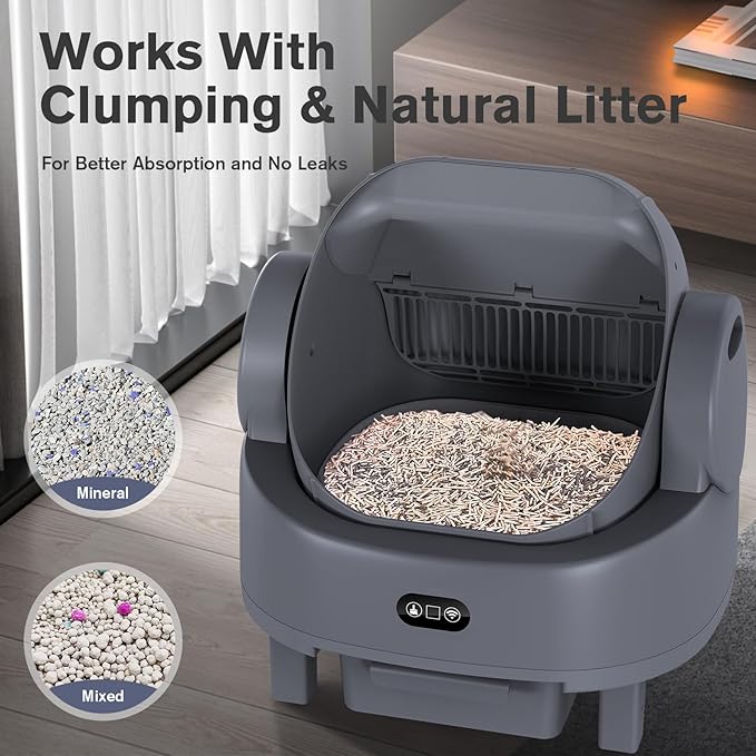 Self Cleaning Cat Litter Box, Open-Top Large Automatic Litter Box for Multiple Cats with Safety Sensors, Includes Liner Bags and Litter Mat Light Grey