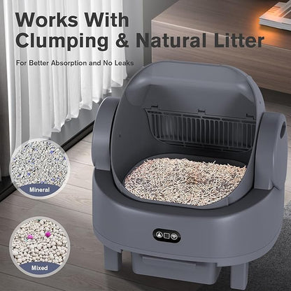 Self Cleaning Cat Litter Box, Open-Top Large Automatic Litter Box for Multiple Cats with Safety Sensors, Includes Liner Bags and Litter Mat Light Grey