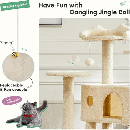 DUMOS 54-inch Indoor Cat Tree Tower –Multi-Level Pet House for Large Cats with 2 Condos, Scratching Posts, Round Platform, Small Ladder, and Toys, Beige