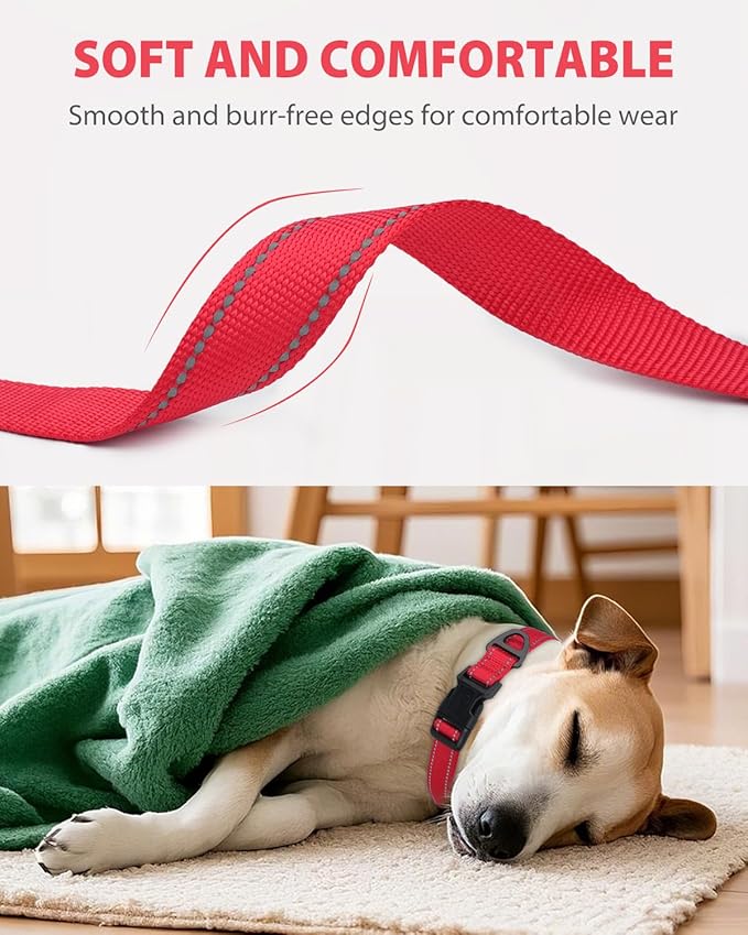 Joytale Dog Collars for Medium Dogs, Comfortable Double-Sided Reflective Nylon Collar for Night Safety, Adjustable Quick-Release for Active Pets, Red, M (1" Width)