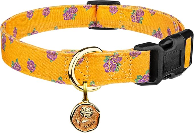 Cotton Handmade Dog Collar Cute and Distinctive Patterns Yellow Rose with Pendant for Girl Boy Dogs Collars L