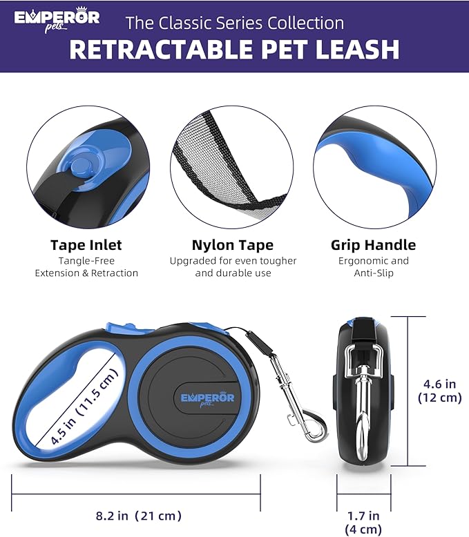 Emperor Pets 26 ft Retractable Dog Leash Large Dogs - Up to 110lbs, Heavy Duty Leash Retractable 26 ft, Dog Leashes for Large Breed Dogs -BL26