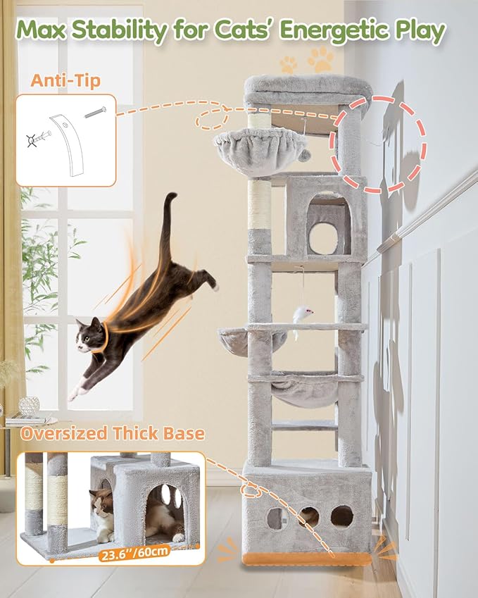 Taoqimiao 72 Inch Cat Tree, XXL Cat Tower for Indoor Cats Large Adult 25Lbs+, Extra-Large Platform, 2 Cat Houses, 7 Scratching Post, Extra-Sized Durable Hammock, Cozy Basket, Light Gray, F20W