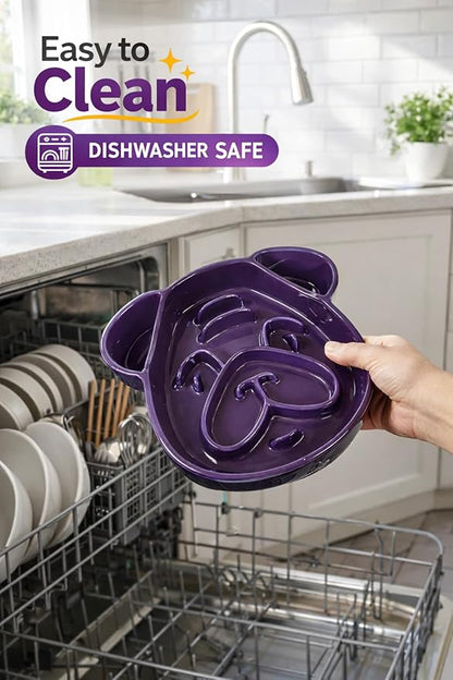 Art Ceramic Slow Feeder Pug Shape, 1.5 Cups Dog Bowl for Small & Medium Breed. Bite-Resistant, Dishwasher Safe, Maze Design to Prevent Fast Eating, Bloat, Choking. Gift for Pet Lovers, Purple