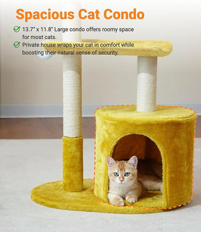 Happi N Pets Cat Tree, 33" Multi-Level Cloud Cat Tree Tower with Cozy Padded Bed & Large Condo for All Sized Cats, Featuring Scratching Posts, Viewing Perch & Toys, Stable Small Cat Tower