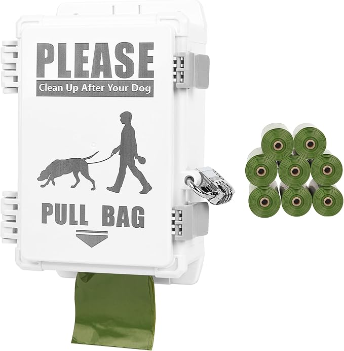Dog Poop Bag Dispenser, Waterproof Outdoor Dog Bag Dispenser Holds Up to 8 Rolls of Waste bags, Outdoor Wall, Stake, Pole, Fence Mounted (dispenser+8rolls+lock)