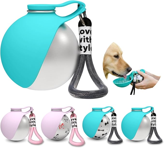 Portable Dog Water Ball, 304 Stainless Steel Foldable Pet Water Bottle – Portable, Leak-Proof & Perfect for Travel, Large-Capacity (285ml) Cup with Foldable Silicone Bowl