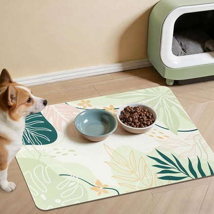 Topotdor Boho Dog Food Mat - Absorbent Quick-Dry Cat Bowl Mat for Food and Water, Non-Slip Pet Feeding Placemat for Messy Drinkers Dog Accessories Pet Supplies, 12"x20", Green