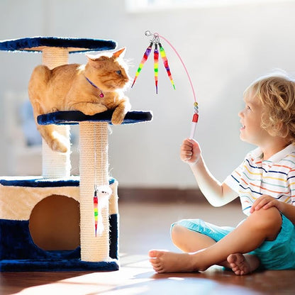 Cat Toys, 12pcs Rainbow Cat Worm Toys Cat Wand Toy Replacement Refills Cat Feather Toys Interactive Fluffy Worms Toys with Bells for Indoor Cats Kitten Training Accessories