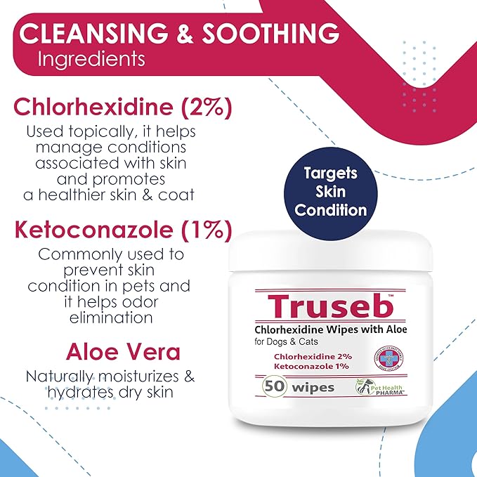 Truseb Chlorhexidine Wipes for Dogs Cats Horses with Aloe Vera - Medicated Ketoconazole Wipes for Skin Irritation, Hot Spots, Redness Relief (50 Count)