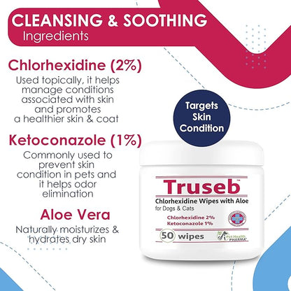 Truseb Chlorhexidine Wipes for Dogs Cats Horses with Aloe Vera - Medicated Ketoconazole Wipes for Skin Irritation, Hot Spots, Redness Relief (50 Count)