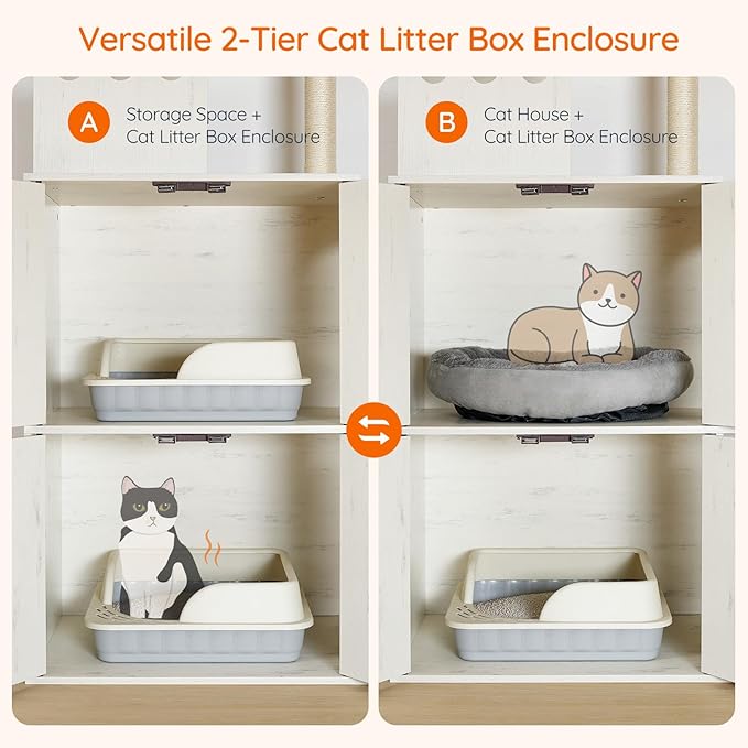 HOOBRO Cat Litter Box Enclosure Furniture for 2 Cats, 2 in 1 Hidden Litter Box Furniture with Sisal Scratching Posts and Dangling Balls, Double Litter Box Cabinet with Cat Tree, Indoor Cat House White
