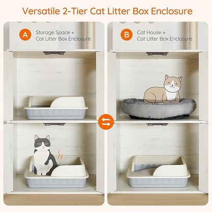 HOOBRO Cat Litter Box Enclosure Furniture for 2 Cats, 2 in 1 Hidden Litter Box Furniture with Sisal Scratching Posts and Dangling Balls, Double Litter Box Cabinet with Cat Tree, Indoor Cat House White