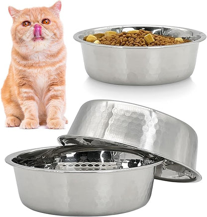 Fhiny 3 Pack Hammered Stainless Steel Cat Bowls, 2 Cups/16 Oz Premium Metal Puppy Feeder Bowl Set for Raised Feeding Station Basic Kitten Food & Water Dishes for Small & Medium Pets Dishwasher Safe