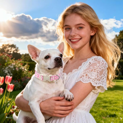 DOGWONG Flower Dog Collar-Daisy Flower Print Girl Dog Collar for Large Cute Dog Collars Spring Female Pet Gift Adjustable Heavy-Duty Soft Collar，L