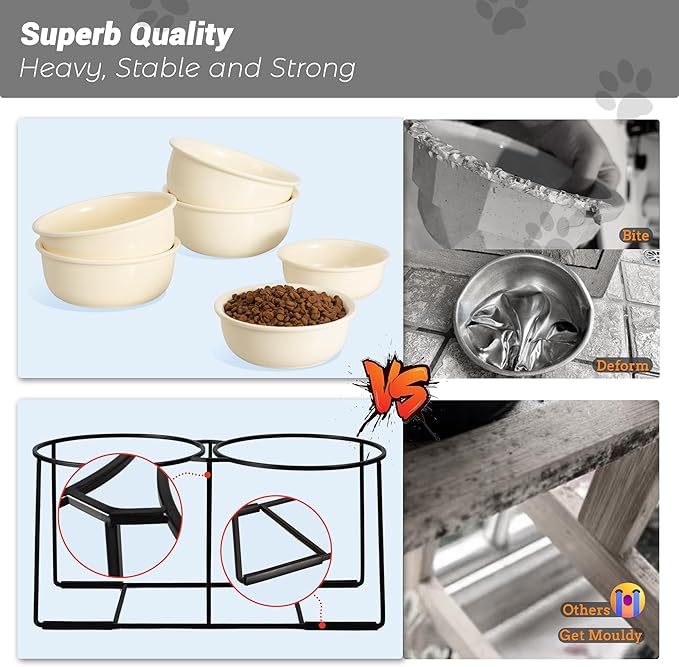 Ceramic Elevated Dog Bowl Set - Raised Double Feeding Bowls with Metal Stand - Pet Dishes for Medium and Large Dogs - 3.5 Cups - 54 fl oz - Beige