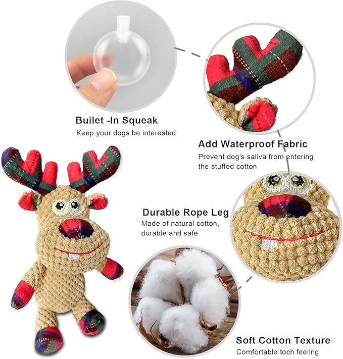Christmas Squeaky Plush Dog Toys for Small Medium Large Dogs, Durable and Indestructible Dog Christmas Toys, Cute Reindeer Squeaky Dog Toys,Teeth Cleaning and Interactive Puppy Toys