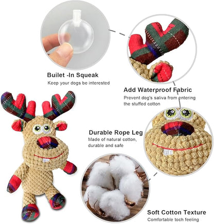 Christmas Squeaky Plush Dog Toys for Small Medium Large Dogs, Durable and Indestructible Dog Christmas Toys, Cute Reindeer Squeaky Dog Toys,Teeth Cleaning and Interactive Puppy Toys