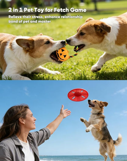 Deeow Alieen Dog Frisbee for Fetch and Orange Jack-o-Lantern Pet Toys, Teething Clean Outdoor Flying Disc and Halloween Pumpkin Pet Toy, Interactive Squeaky Dogs Toy for Water, Park, Beach Fun