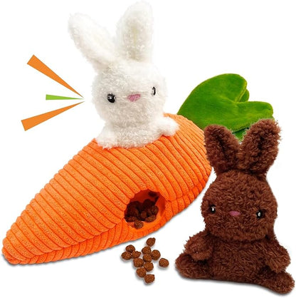 Easter Dog Toys, Carrot Hide and Seek with 2 Squeaky Bunny Small and Plush Dog Puzzle Toys, Easter Squeaky Gifts for Small and Medium Dogs