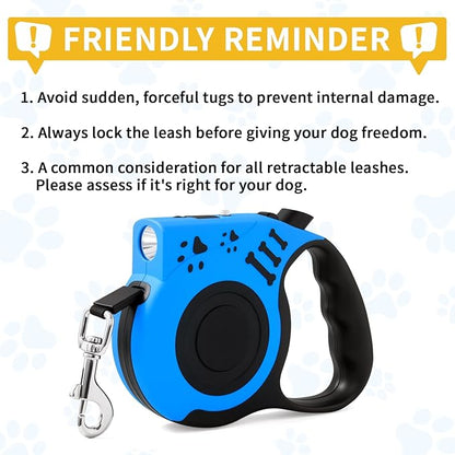 Retractable Dog Leash with USB Rechargeable Flashlight for Night Walks, 16FT Automatic Telescopic Tractor Dog Leash for Small and Medium Dogs, Blue