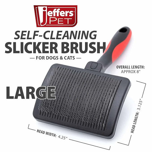 Jeffers Pet Self-Cleaning Slicker Brush for Dogs & Cats – Self Cleaning Button, Removes Tangles & Loose Hair, Non Slip Handle for Easy Grooming, Go To Gift for Pet Owners – Black, Red - Large
