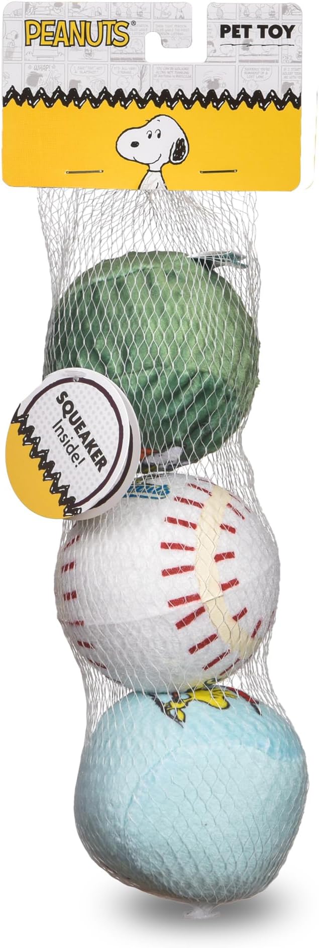 Peanuts for Pets Snoopy The Athlete Multi-Material Dog Ball Toy, 3-Pack - Squeaky, Interactive Dog Toys with Multiple Textures, Perfect for Fetch and Chew - Featuring Snoopy and Woodstock Designs