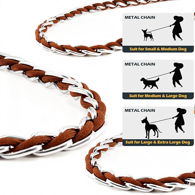 Chain Dog Leash Chew Proof Metal Leash for Medium Large Dogs, Chain Link Dog Anti Chew 5.2FT / 4FT Strong Anti Bite Comfortable Soft Padded Handle (Brown, 4FT（80-150lb）)