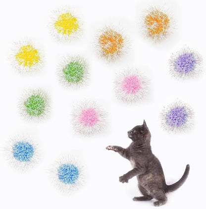 Andiker Cat Sparkle Balls, 6pcs 2.36 Inches Cat Pom Pom Ball Glitter Tinsel Kitten Balls Toy Foil Fuzzy Ball for DIY Craft Colorful Interactive Cats Toys for Indoor Cats to Keep Fit and Active(12Pcs)