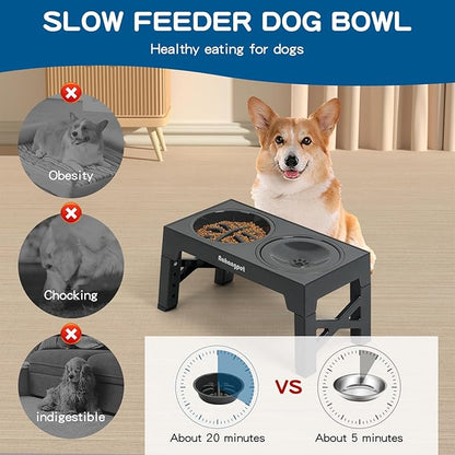 3-in-1 Elevated Slow Feeder Dog Bowls for Food and Water, 5 Heights Adjustable Raised Dog Bowls, Non-Slip, No Spill, for Small Medium Large Dogs and Cats(Grey)