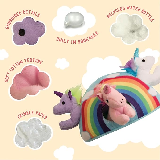 Snugarooz Hide & Seek Rainbow Dog Toy with Repair Patch – Interactive Plush Rainbow with 3 Squeaky Unicorns – Designed for Fun and Engaging Play for Your Pup