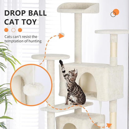 BestPet | 62" Cat Tree Tower | Beige | Sturdy, Easy to Assemble, Multi-Level Activity Center with Sisal Scratching Posts, Condos, Perches, Hanging Cat Toys, Observation Decks & Ladder