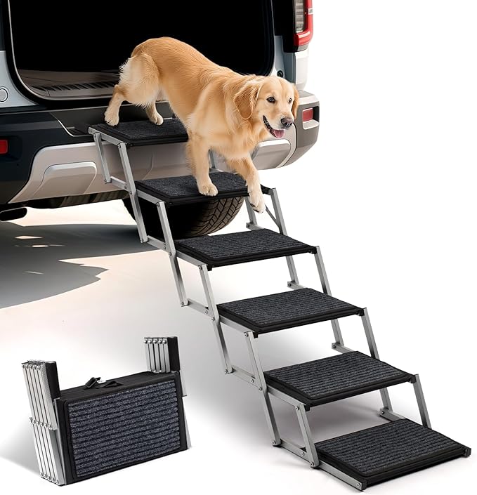 Dog Steps for Car, Truck and SUV - Foldable Pet Stairs for Large Dogs with Non-Slip Rug Surface, Lightweight Dog Ramp Holds Up to 250lbs, 6 Steps