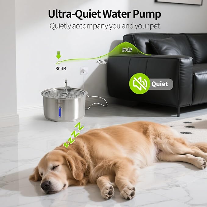 Dog Water Fountain, 11L/2.8Gal Quiet Dog Fountain Water Bowl with Visible Window Stainless Steel Dog Water Fountain with 2 Spray Modes and 15 Fliters for Large Medium Small Dogs Pets