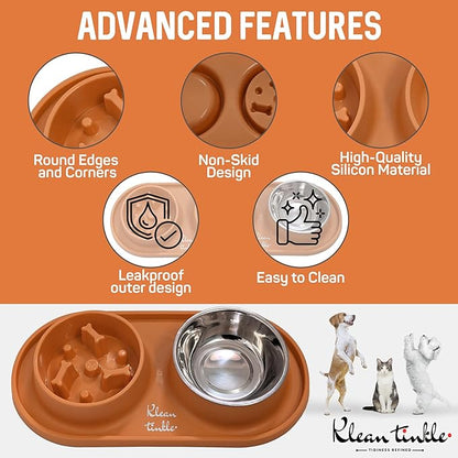 Pets Anti Skid Double Slow Feeder Dog Bowls with Non Skid Silicone Mat - Stainless Steel Dog Water Bowl for Cats & Pets (Orange)