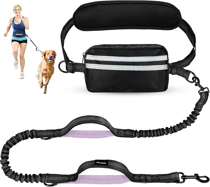 Hands Free Dog Leash, Shcok Abosoring Bungee with Double Padded Handles, Waist Leash for Dog Walking, with Bungee for Medium & Large Dog, Black Purple