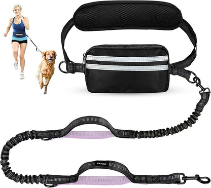 Hands Free Dog Leash, Shcok Abosoring Bungee with Double Padded Handles, Waist Leash for Dog Walking, with Bungee for Medium & Large Dog, Black Purple