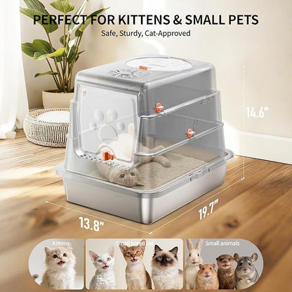 Stainless Steel Cat Litter Box with Lid, Small Enclosed Metal Litter Pan for Kittens & Small Animals, Full Flip Cover Litter Box Include Scoop & Step, Leak Proof Easy Clean Odor Control, Grey