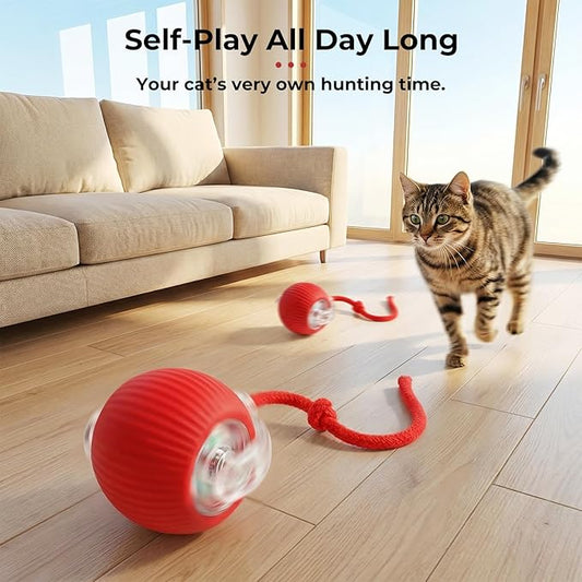 Interactive electric automatic 360 rolling USB rechargeable motion-sensing toy smart chasing cat ball, equipped with a quick tail rope, specially designed for active adult cats and indoor dogs.