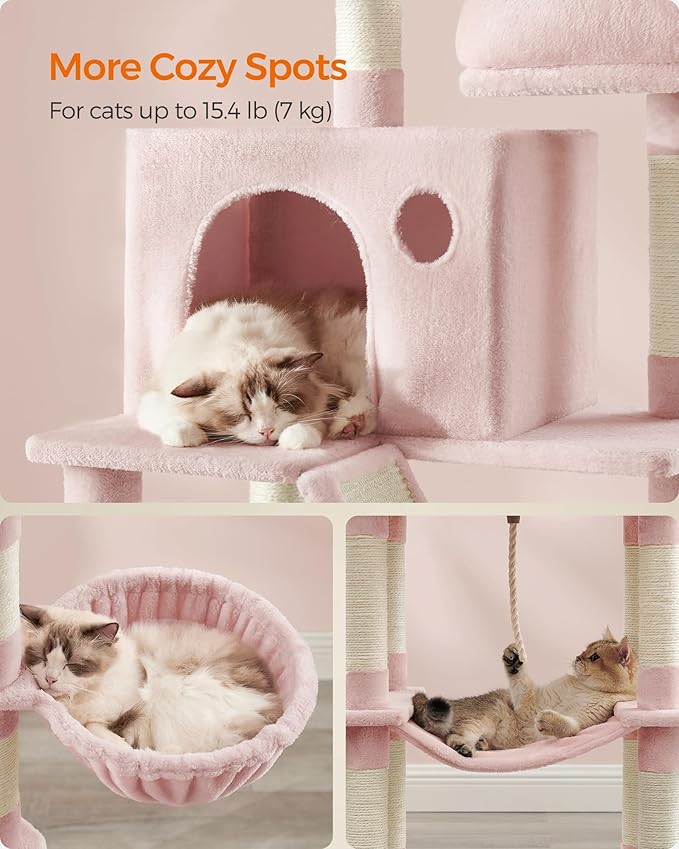 Feandrea Cat Tree, 81.1-Inch Large Cat Tower, Multi-Level Plush Condo with 13 Scratching Posts, 2 Perches, 2 Caves, Basket, Hammock, Pompoms, Jelly Pink UPCT190P01