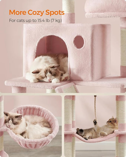 Feandrea Cat Tree, 81.1-Inch Large Cat Tower, Multi-Level Plush Condo with 13 Scratching Posts, 2 Perches, 2 Caves, Basket, Hammock, Pompoms, Jelly Pink UPCT190P01