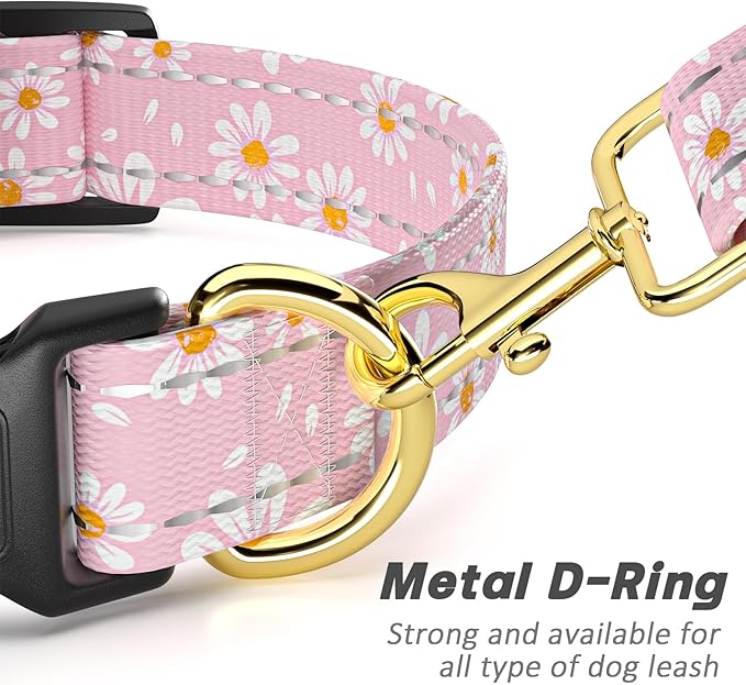 Reflective Dog Collar for Small Dogs, Cute Daisy Theme Adjustable Heavy-Duty Nylon Puppy Collar for Boy and Girl Female, Soft Pet Accessories with Quick Release Buckle, Neck 10-16", Pink