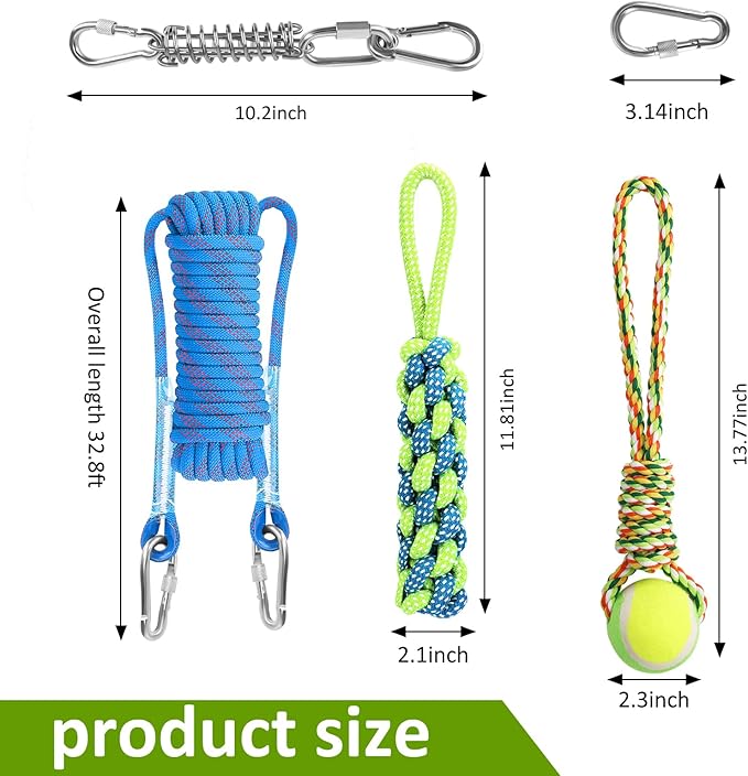 Tree Tugger Dog Toy, Retractable Dog Bungee Tug Toy, Tether Tug Outdoor Dog Toy, Interactive Tether Tug of War Toy with 32.8 ft Rope, Spring Pole Kit, 2 Chew Rope Toys for Pitbull Medium, Large Dog