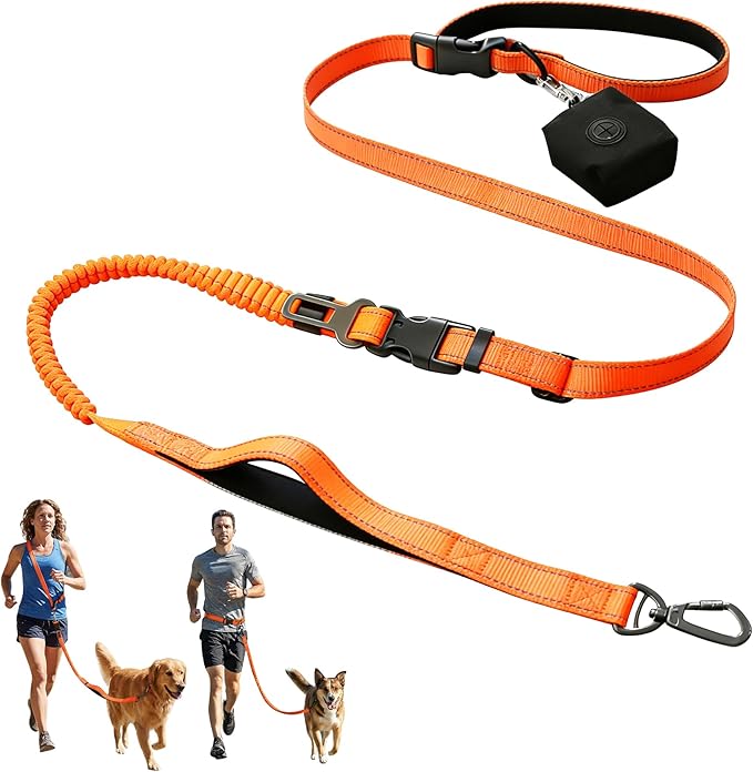 6-in-1 Hands-Free Dog Leash, Waist & Crossbody Bungee Lead with Dual Padded Handles, Bungee Shock Absorbing, Seat Belt Buckle, Reflective for Small Medium Large Dogs, Orange