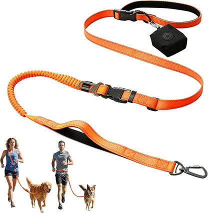 6-in-1 Hands-Free Dog Leash, Waist & Crossbody Bungee Lead with Dual Padded Handles, Bungee Shock Absorbing, Seat Belt Buckle, Reflective for Small Medium Large Dogs, Orange