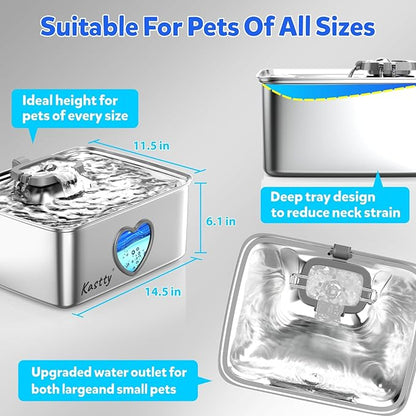 Kastty 15L/4Gal Dog Water Fountain, Stainless Steel Pet Water Bowl Dispenser with Visual Window, Automatic Dual-Color LED, 5-Stage Filtration, Ultra Quiet, for Large Medium Dogs & Multi-pet, FS80